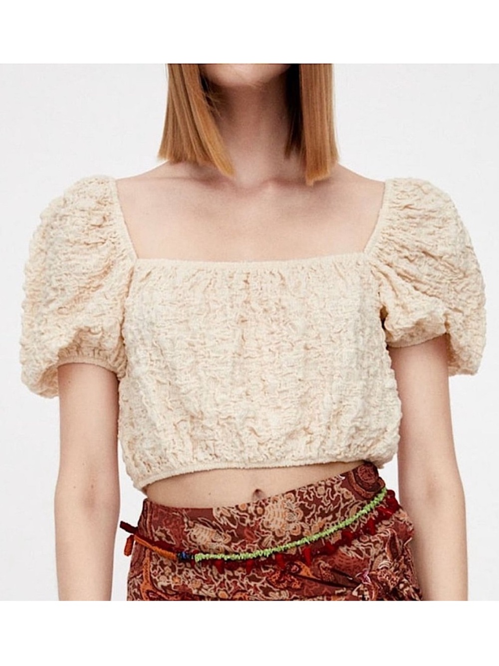 ZARA Cream Off White Off The Shoulder Textured Puff Sleeve Crop Top Size S Small